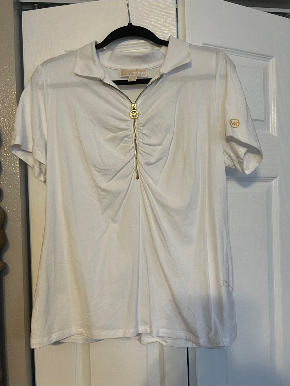 Michael Kors White Short-Sleeve Polo with Gold Zip Pull